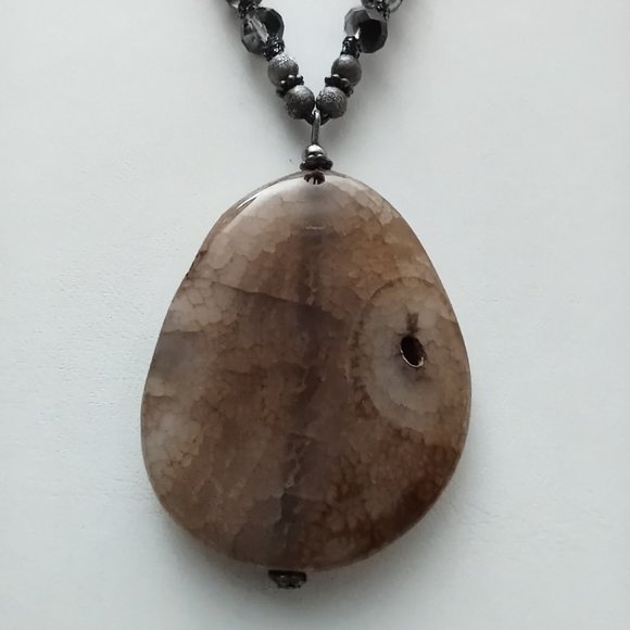 Beaded Long Necklace with Quartz Focal Pendant 36.5 inches + Pendant 2.5 Inches - Picture 2 of 6